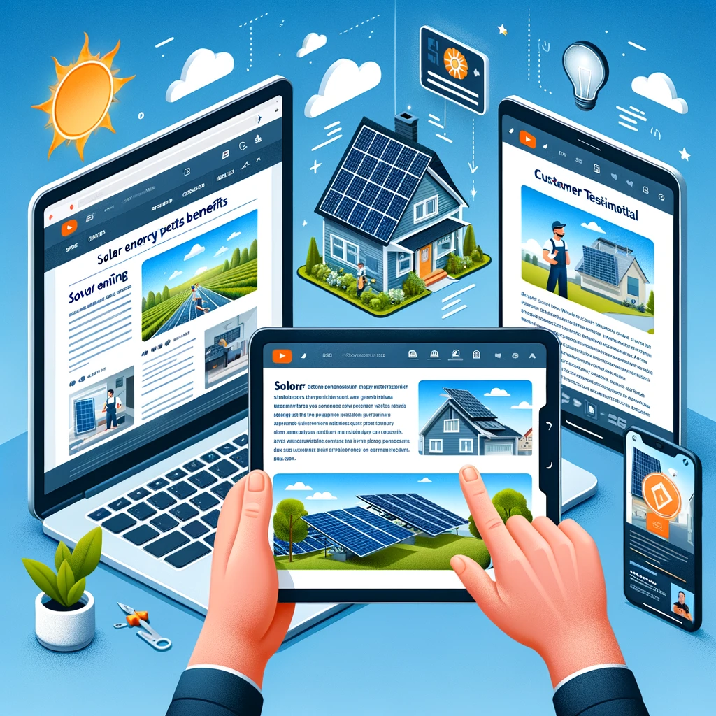 A digital collage featuring a blog post on solar energy benefits, a tutorial video on solar panel installation, and a customer testimonial video.