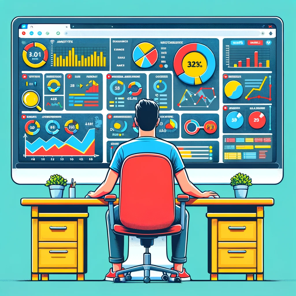 A marketer analyzing a dashboard filled with metrics from various online marketing tools, symbolizing the process of tracking the effectiveness of digital efforts.