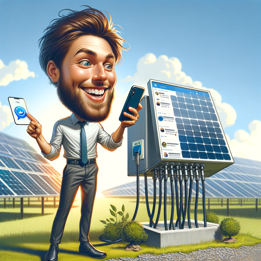 A solar energy influencer sharing content on social media, with solar panels in the background, symbolizing the influence and reach within the renewable energy community.