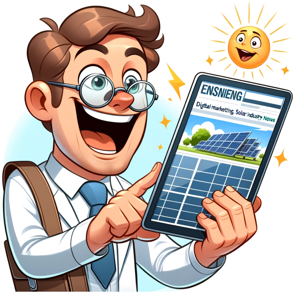 A solar professional browsing through the latest digital marketing and solar industry news on a tablet, highlighting the importance of staying updated to maintain competitivenes.